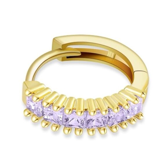 14K Yellow Gold with Purple Amethyst Cubic Zirconia Princess Cut Huggie Earrings - Picture 2 of 6